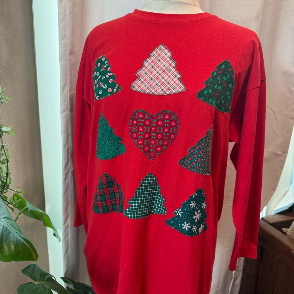 Festive Red Long Sleeve Top with Tree Patterns